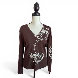 Venini Women’s Pullover Embroidered Floral Brown Long Sleeve Sweater, Size Large